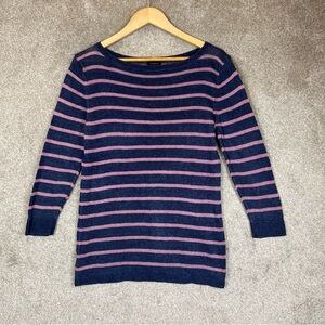Talbots Sweater Womens Medium Blue Pink Striped Linen Pullover Top- 3646